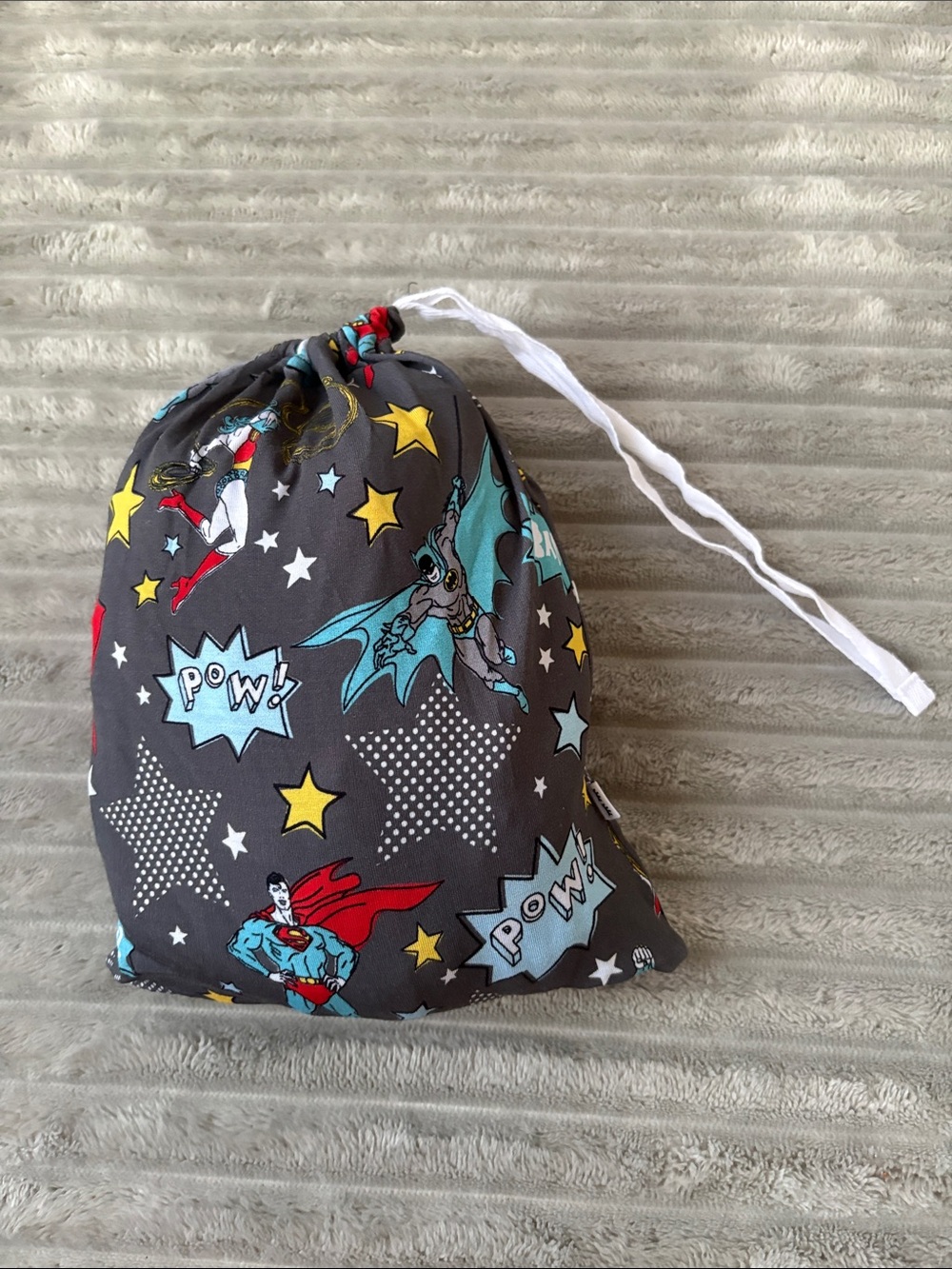 Little Sleepies Gray Superhero Drawstring Bag with Blue, Yellow, Red Accents